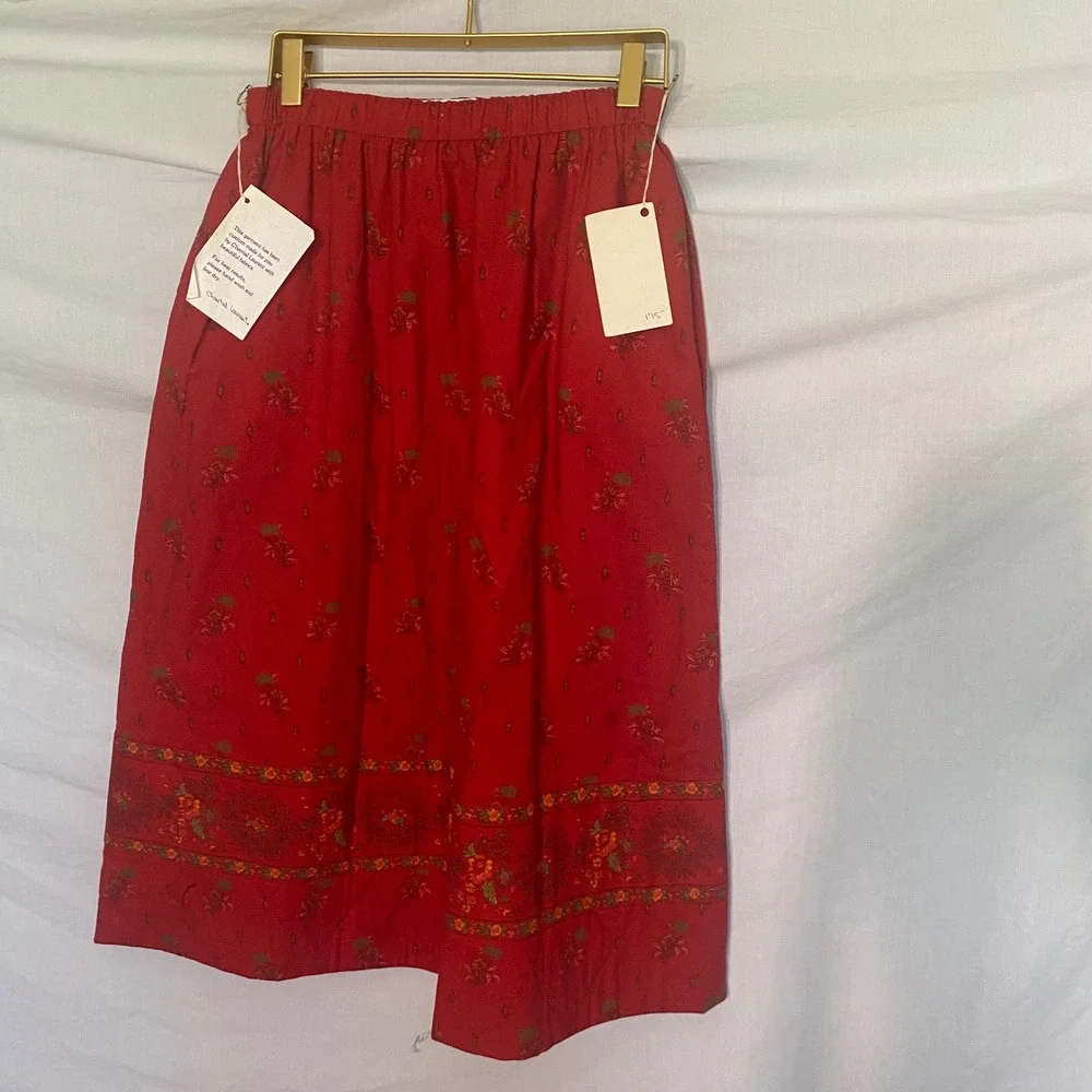 Chantal Laurent Red Floral Custom Midi Skirt Elastic Waist Pockets Womens Size M